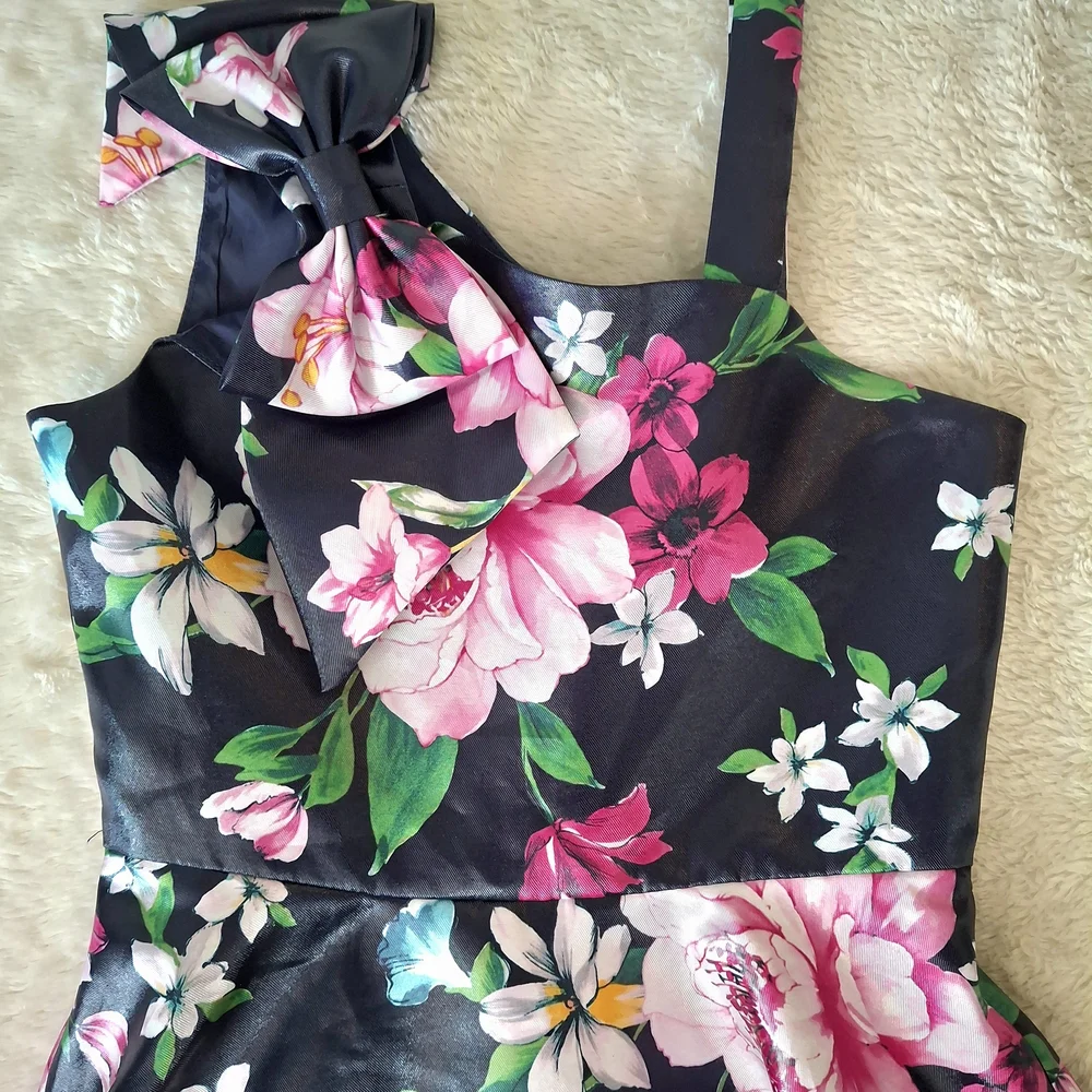 Floral High-Low Party Dress for Girls - Black & Pink - Picture 4 of 8